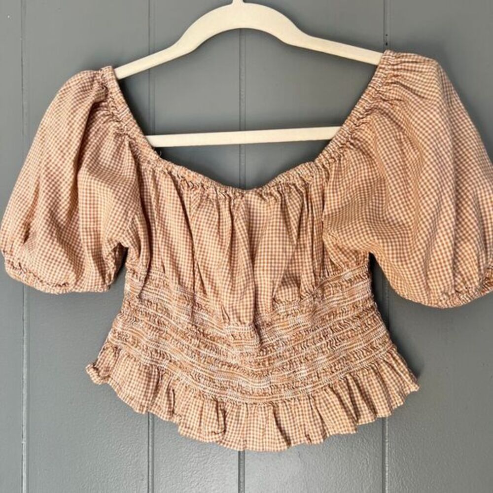 Japna Peach Gingham Puff Sleeve Crop Top